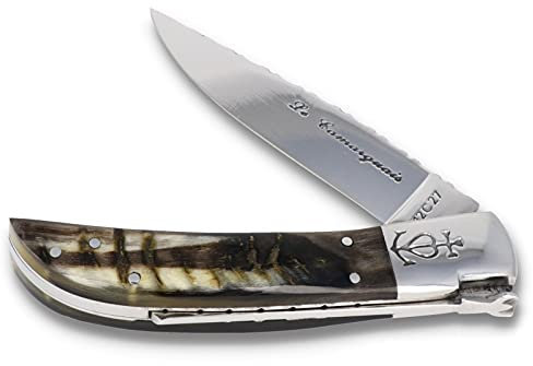Coutellerie Le Camarguais Taschenmesser 20074C polis Noir 12 cm - Widderhorn dunkel geflammt - zisellierte Platine - Klinge 10 cm - Stahl glänzend, Schwarz