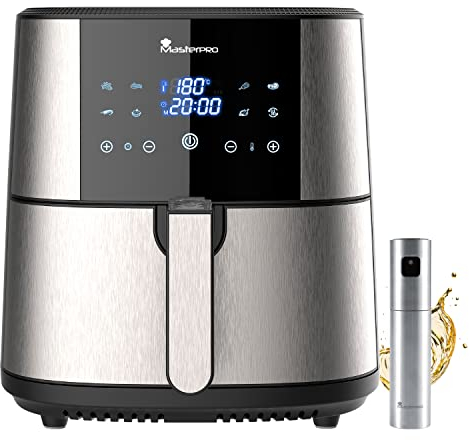 MasterPro Foodies | Kit de Freidora Sin Aceite XXL de 6L y 1800W Junto con Spray Pulverizador de Aceite | Pantalla LED Táctil y Cesta Antiadherente | Freidora de Aire | 8 Funciones Diferentes en 1