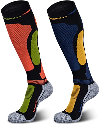 Muezna Merinowolle Skisocken Kniehohe Thermosocken für Winter, Schnee, Snowboarden, Wandern - 2 Paar (Rosa, Orange, Pfauenblau) - Unisex Erwachsene - L