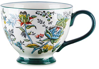 Berry President Handbemalte Keramiktassen mit Blumenmuster, 15 OZ, große Tassen für Milch, Kaffee, Cappuccino, Tee, Kakao, Frühstücks-Haferflockentassen (Cyan Blume)