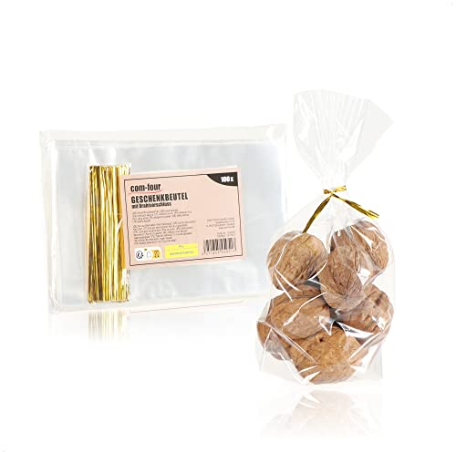com-four® 100x Klarsicht Beutel - durchsichtige Cellophantüten als Lebensmittelbeutel - Bodenbeutel klar - Klarsichttüte mit Bindestreifen - kleine Tüten für Kekse und Pralinen