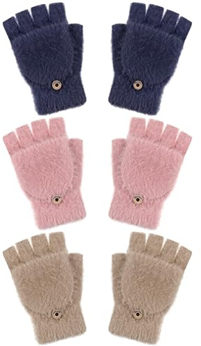 Geyoga 3 Paquets Gants sans Doigts avec Couverture Mitaines Convertibles Moelleuses Mitaines avec Rabat(Sarcelle, Kaki, Rouge,5-10 ans)