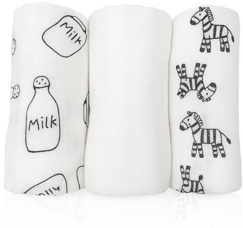 Alimos Organic Bamboo and Cotton Muslin Cloths - Soft and Gentle Baby Swaddle Blankets - Multi-Purpose Burp Cloths and Nursing Covers (120_x_120_cm, Black & White)