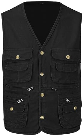 YOUTHUP Herr Multi Pocket Gilet utomhus fiskeväst bomull fotografi jakt safari väst användbarhet ärmlös jacka, Svart, XL