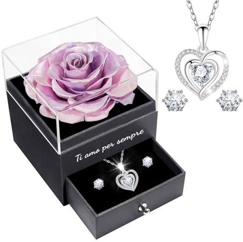 Sunia Festa della Mamma Idee Regalo, Vera Rosa Eterna con Collana Argento 925 Donna con e Orecchini, Rosa Stabilizzata Vera, Regalo Mamma Donna Compleanno, Regalo Festa della Mamma