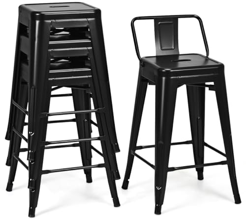 RELAX4LIFE Tabouret de Bar Lot de 4 avec Dossier Amovible, Chaise de Bar Empilable en Métal avec Repose-Pieds, Tabouret Haut Tolix, Assise 62 CM, Charge 150 KG pour Cuisine Comptoir Bistro