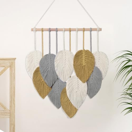 Weldomcor Macramé Tenture Murale, DéCoration Murale Boho Macramé Tenture Feuilles et Plumes, Feuille Tapisserie pour Salon, Chambre à Coucher, Balcon, Bureau, Appartement (Jaune)