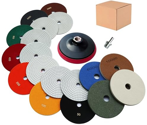 Waies 18 cm diamantpoleringsdynor 11 st med 5/8 tums-11 stöddyna, våt/torr 50-10 000 slipsplatta kit för betong, granit, marmor, kvarts, sten, sten för borrslipmaskin
