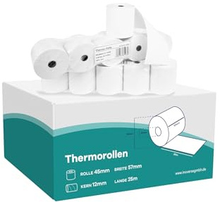 Inoverse EC-Cash termopappersrullar 57 mm x 45 mm x 12 mm, termopapper kassarullar, 25 m, 5 rullar, kvittorullar för kassasystem, EC-enheter och bankomat, BPA-fri