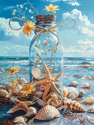 Bimkole 5d Diamond Painting Kit Bricolaje Arte Caparazón, Botella De Playa Pintura De Arte Pintura Diamantes Kits Estampados De Punto De Cruz Diamantes de Imitación Decoración de Pared 30x40cm