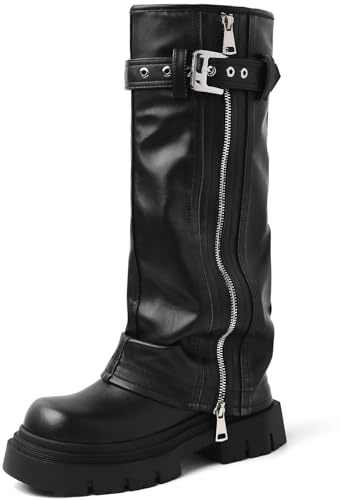 YIYA Women's Black Platform Fold Over Biker Knee High Boots Belt Buckle Square Toe Chunky Heel Zipper Tall Motorcycle Long Combat Slouchy Boots