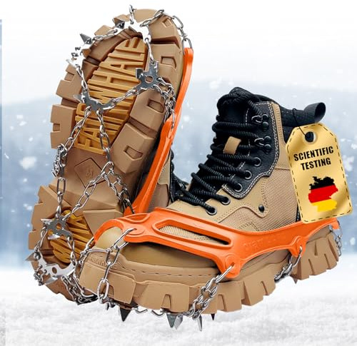 Crampones Antideslizante, Crampones para Botas de Senderismo, Garras de zapatos con 19 Picos Antideslizantes, crampones de Nieve para Caminar, Alpinismo en Invierno y Senderismo, Naranja (M)