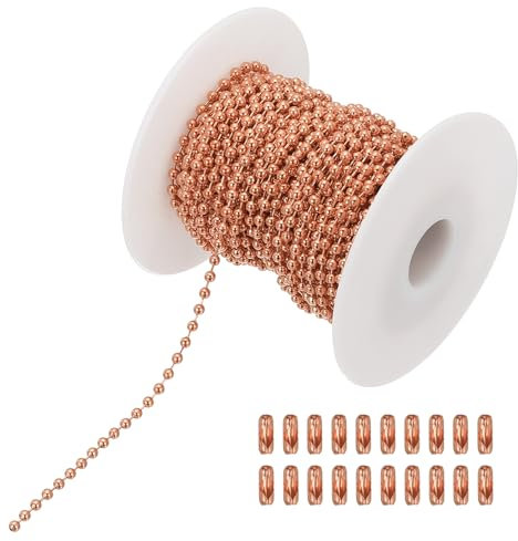 PATIKIL 10m/32.8ft Catena a Sfera con Perline, Catena di Trazione in Acciaio Inossidabile da 2.4mm con 20 Connettori per Catena di Etichette, Anelli Portachiavi, Oro Rosa