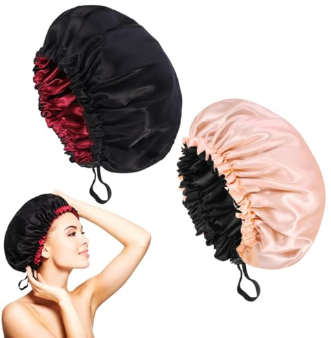 Halinuia 2 Pièces Bonnet Satin Cheveux Nuit | Réglable Élastique, Double Respirant, Antidérapant, Protection Cheveux Longs, Raides, Bouclés