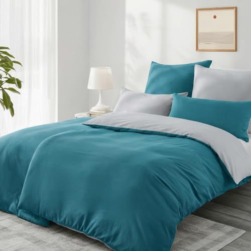 Aisbo Bettwäsche 135x200 4teilig Türkis Grau - Bettwäsche Sets 2 Bettbezüge 135x200 cm + 2 Kissenbezüge 80x80 cm, ÖKO-TEX Wendebettwäsche Weich Mikrofaser mit Reißverschluss