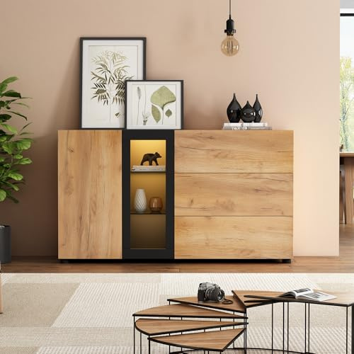 Merax LED Sideboard with 3 Drawers Accent Console Table, Storage Cabinet with Glass Shelves for Living Room, Buffet Cabinet, 140x40x80 cm, Multi-Purpose Side Cabinet for Dining Room & Hallway