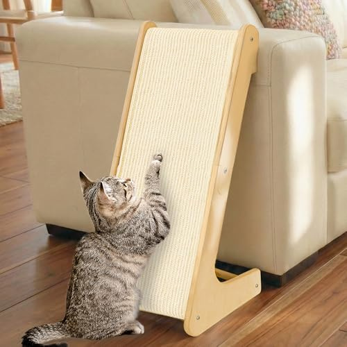 PETKARAY L Shape Cat Scratcher, Sisal Kitty Scratching Ramp, Vertical Scratch Pad for Indoor Cats, 25.2 Furniture Protector with Catnip, White