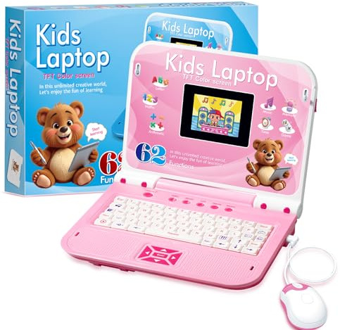 Happiegg Kids Laptop - Educational Toy with Colour Screen, 62 Activities for English Alphabet, Words, Math, Games & Music, Gifts for Boys Girls, Pink