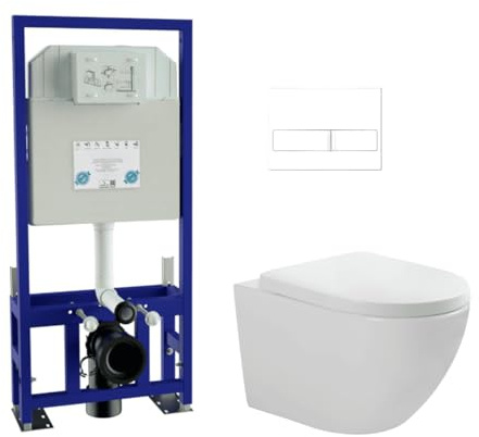 Pack Inodoro Suspendido Blanco Brillo y Cisterna Empotrada Autoportante con Pulsador Blanco | Inodoro Brillo Rimless Sin Borde de Fondo Reducido y Asiento Extrafino con Caida Amortiguada