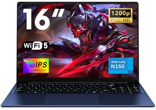 NAIKLULU 16 Pulgadas Ordenador Portatil RAM 16GB SSD 1TB, Processor N150 (1,2 a 3,6GHz) Laptop, Pc Portatil Notebook Computadora Portatil, 6000Mah/Teclado Completo Retroiluminado/1920x1200P/Webcam