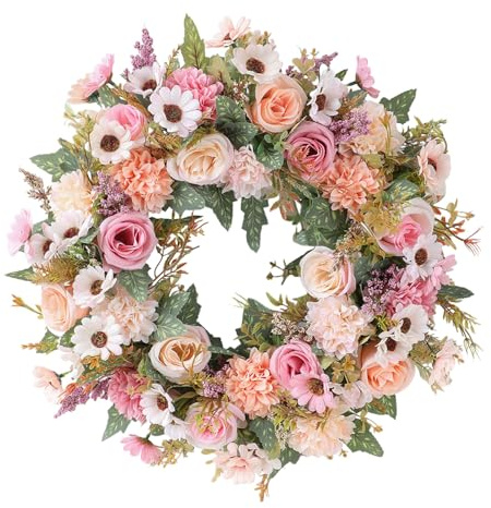 45cm Spring Summer Artificial Flower Wreath, Front Door Floral Wreath for Wedding & Festival Decor, Outdoor Hanging Garland for Home Wall Garden Decoration.