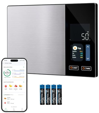 Mcbazel Smart Nutrition Food Scale, Bluetooth, Barcode Scan, Black | Tracks calories, protein, carbs & fat; 50 built-in foods; syncs Apple Health & Fit bit; 99 user profiles; 5kg/1g