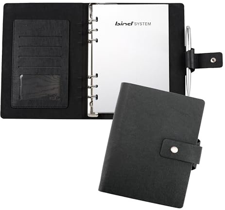 bind 15801 - Terminplaner mit Ringmechanik DIN A5, Organizer aus Lederimitat, Systemplaner in schwarz, Kalender mit 4 Visitenkartenfächern, Stiftschlaufe, Terminkalender mit System 1 Woche / 2 Seiten