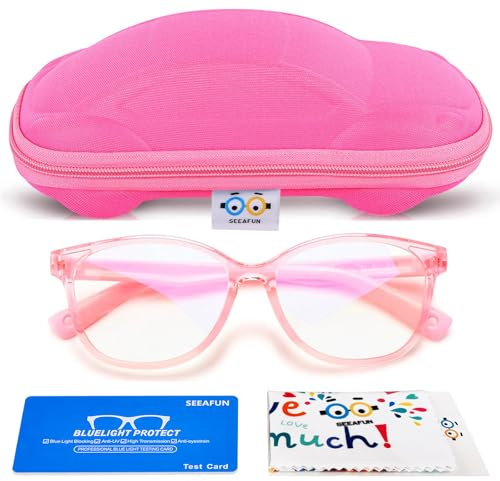 SEEAFUN Blue Light Glasses for Kids Girls Boys with Cute Car Case, UV400 Protection, Anti Blue Ray Age3-12