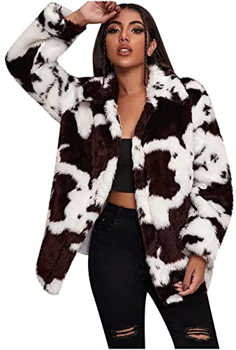 Veste en fourrure pour femme - Motif vache mignonne - Manteau à manches longues - Veste d'hiver épaisse et chaude - Fausse fourrure - Manteau en fourrure synthétique - Manteau moelleux - Manteau