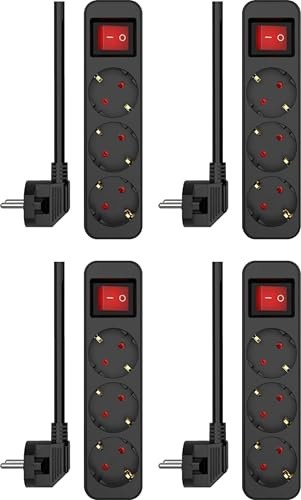 4-pack | ELRO ES103S-B grenuttag 3-vägs med strömbrytare och 1,5 m sladd | hög säkerhet | barnsäkerhet | skyddskontakt | brandsäker | TÜV-testad | svart