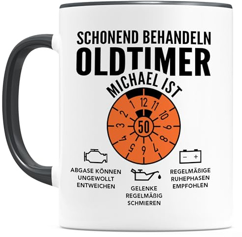 Oldtimer Tasse 50. Geburtstag Mann personalisiert mit Namen Geschenkidee Geschenk für Männer Geburtstagsgeschenk Kaffeetasse aus Keramik 330 ml