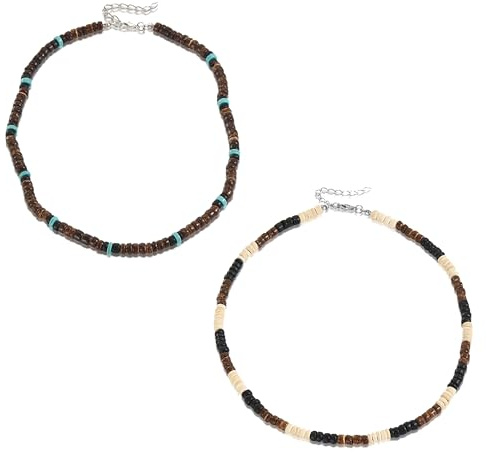 VEHYEGOI 2-Piece Coconut Shell Necklace, Turquoise Beaded Patchwork, Unisex, Surf Chain, Collarbone Chain