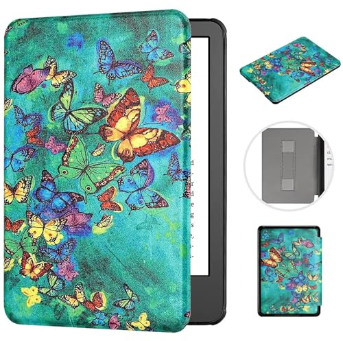 MOKASE Étui pour 7 Pouces Kindle Paperwhite (12ème Gen. 2024) & Kindle Colorsoft Signature Edition, Housse Protectrice Ultra-mince en Cuir PU Rigide avec Dragonne pour 2024 E-Reader, Green Butterflies