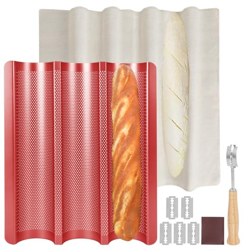 Barlket Teglia per pane francese, vassoio per baguette antiaderente, 3 onde perforate, 38 x 28 cm, adatta al forno, rosso