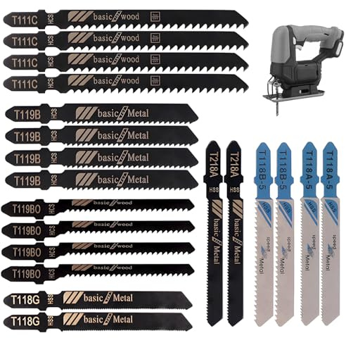 T-Shank Jigsaw Blades Set, 20PCS Jigsaw Blades for Wood & Metal Cutting, Mixed HCS/HSS Jig Saw Blades T Shank Compatible with Bosch, Dewalt, Festool, Ryobi, Makita, 7-Type Assorted for Fast Clean Cuts