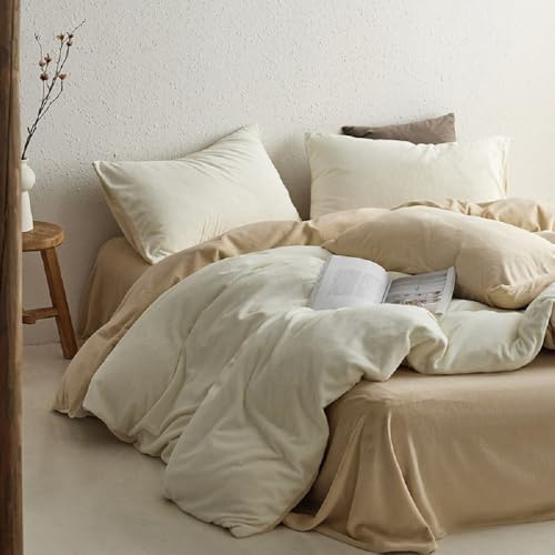 Lanqinglv Plüsch Bettwäsche 135x200 Flauschig Winterbettwäsche aus Biber Flanell,Warme Cashmere Touch ÖKO-TEX Bettwäsche Set Weiß Beige Bettbezug mit Reißverschluss und 1 Kissenbezug 80x80