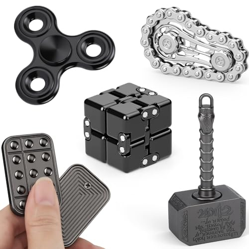 5PCS Fidget Toys Set, Sensory Pack with Fidget Chain, Infinity Cube, Fidget Slider, 2 in 1 Hammer Spinner, Metal Tri Spinner, Stress Relief Office Desk Gadget, Christmas Birthday Gift for Kids Adults