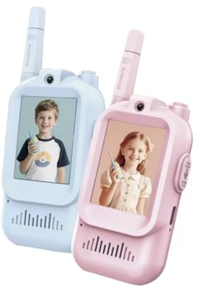 Talkie-Walkie pour Enfants avec Caméra, Rechargeable, Portée 400m, 4 Modes de Voix, Écran LCD, Couleurs Bleu et Rose, Jouet Extérieur et Cadeau Anniversaire pour Fille et garçon 3-11 Ans