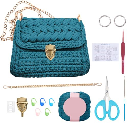 FREEBLOSS DIY Crochet Crossbody Bag Kit Handbag Knitting Crochet Kit with Chains English Instructions Handbag Making Kit for Craft Crocheting Kit for Beginners(Dark Green)