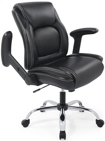 Ergonomic Heavy Duty Mid-Back Padded Bonded Leather Padded Adjustable-Height/Tilt Office Chair, Comfortable Swivel Computer Desk Task Office Stool with Functional Arms, Design for Sedentariness, Black