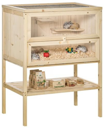 PawHut Cage Hamster en Bois 3 Niveaux, Habitat pour Rongeur 60x40x80cm