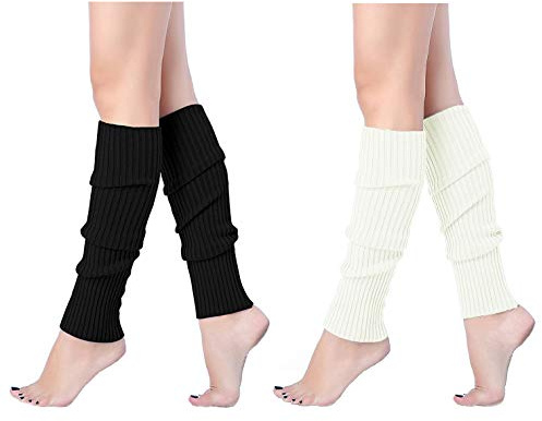 v28 V28Women Winter 80s Eighty's Warm Leg Warmers Knitted Long Socks,2 pack (Black+White)