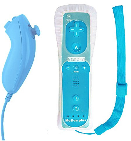 Commande Remote + Nunchuck + Étui + Sangle, pour Nintendo Wii et Wii U, Bleu, avec Motion Plus