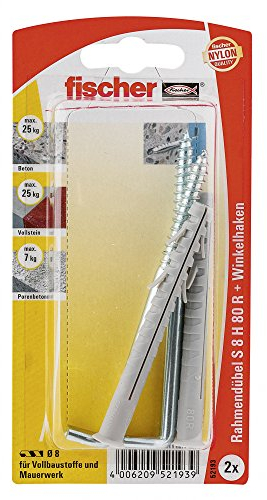 fischer 052193 Rahmendübel RW K SB-Karte, Inhalt Langschaftdübel S 8 H 80R, 2 x Winkelhaken WH 5,8 x 100