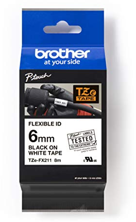 Brother TZe-FX211 Labelling Tape Cassette, Black on White, 6mm (W) x 8M (L), Flexible ID, Brother Genuine Supplies