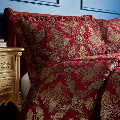 Shiraz Oxford Border Pillow Sham - Burgundy Red and Gold - Embroidered Damask Jacquard - Burgundy Twisted Piped Edges - 100% Polyester - 48 x 74cm (19 x 29 inches) - Made by Riva Paoletti