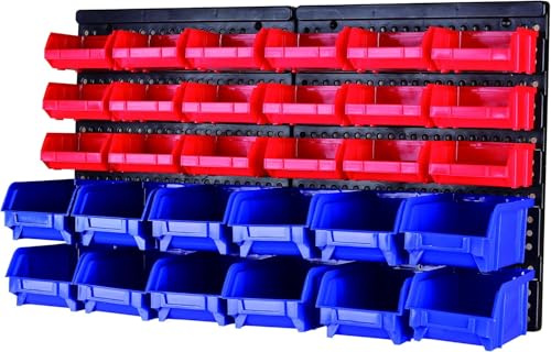 MaxWorks 80694 80694-Estante de Montaje en Pared contenedores para Tus Tuercas, Pernos, Tornillos, Clavos, Cuentas, Botones, Otras Piezas pequeñas, Azul y Rojo, 30 Bin