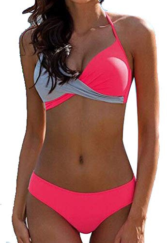 Snygg Bikini Baddräkt Set Sexig Solid Halter Baddräkt för Kvinnor Strandkläder Bikini Set Stor Storlek, Rosa, XXL