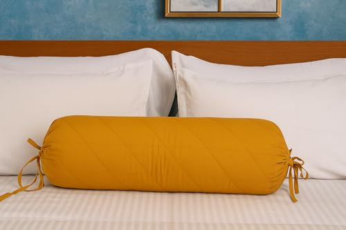 Saffron Quilted Bolster Pillow Cover (Mustard, 8 Diameter x24 Long (20 cm x 60 cm))