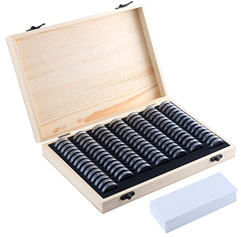 TsunNee 100 Stück Münzhalter, Holz-Münzaufbewahrungsbox mit runden Münzkapseln, Münzaufbewahrungskoffer mit Kunststoff-Münz-Organizer für Münzsammler, Holzfarbe, Öffnen und Schließen